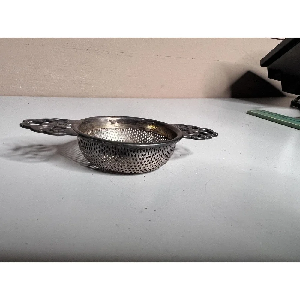 Silver Plated Tea Strainer Double Handle Perforated Bowl Tea Leaf Kitchen Gadget